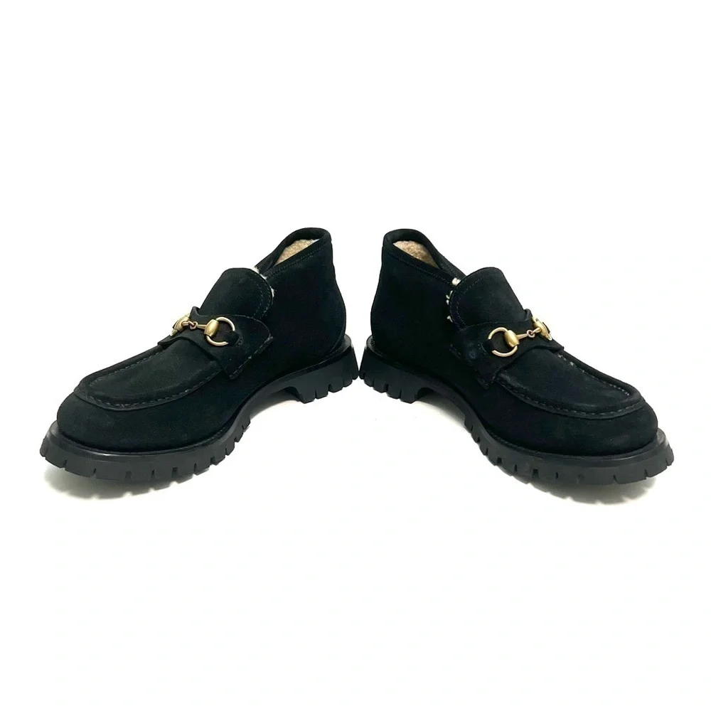 GUCCI | Mens black suede shearling lined Harald Horsebit platform loafers